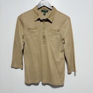 Lauren Ralph Lauren Top Womens L Brown Tan 3/4 Sleeve Gold Buttons Collar Knit